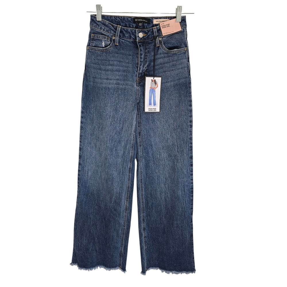 BCBGeneration High Rise Wide Leg Jeans Medium Wash Frayed Hem Size‎ 3/26 NEW